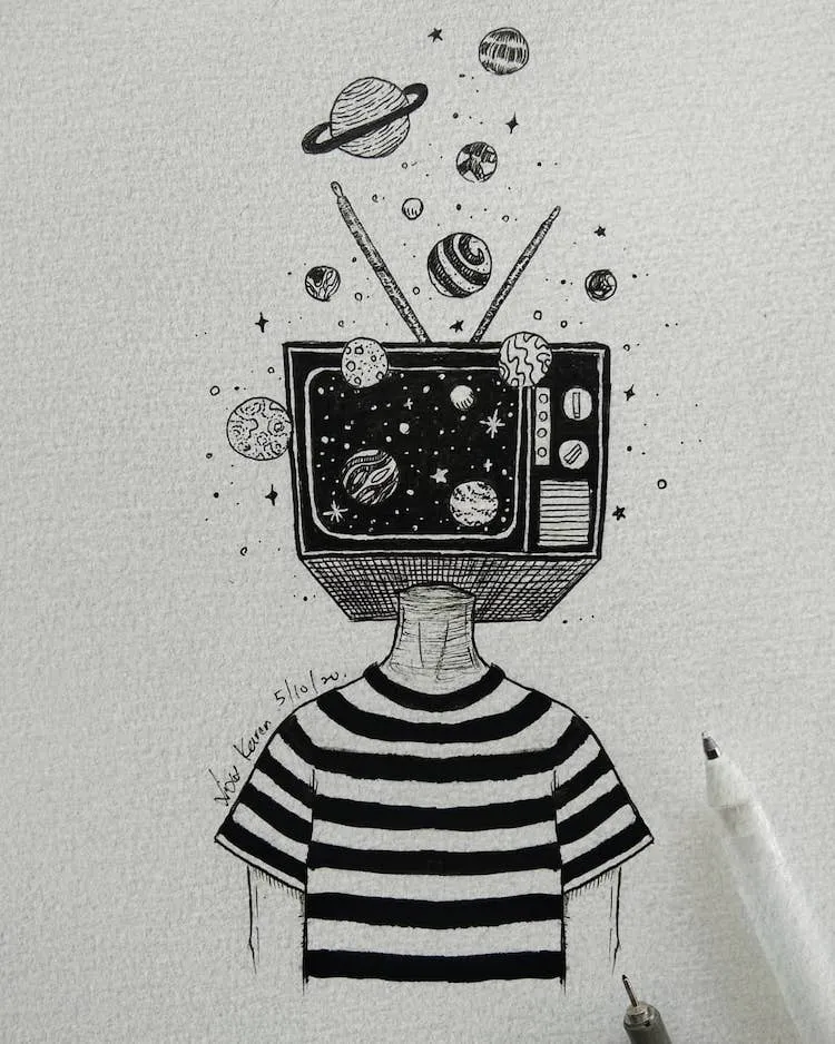 dibujo cabeza de tv con planetas